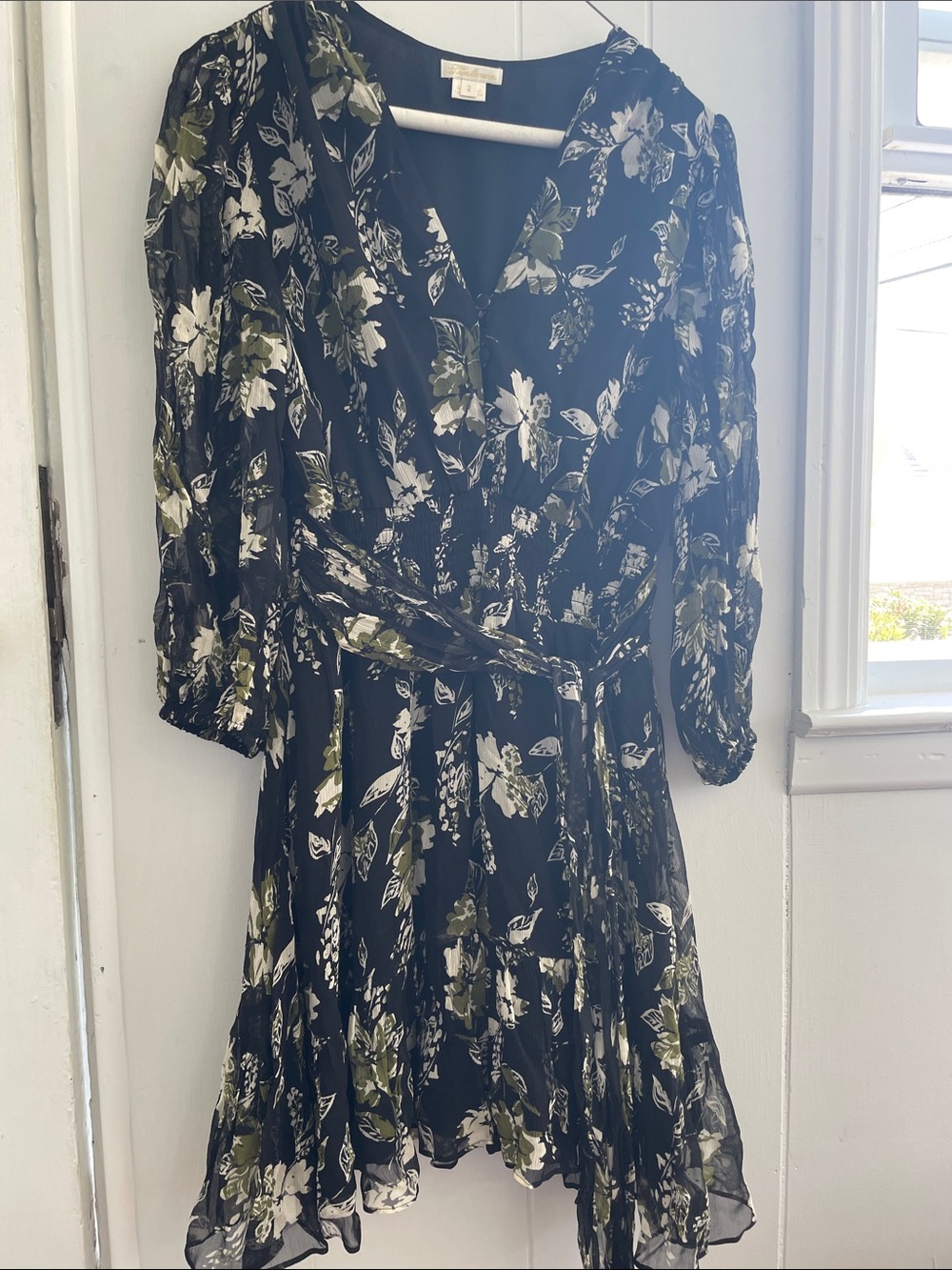 Shoshanna Black Floral Wrap Dress with Olive and White Print